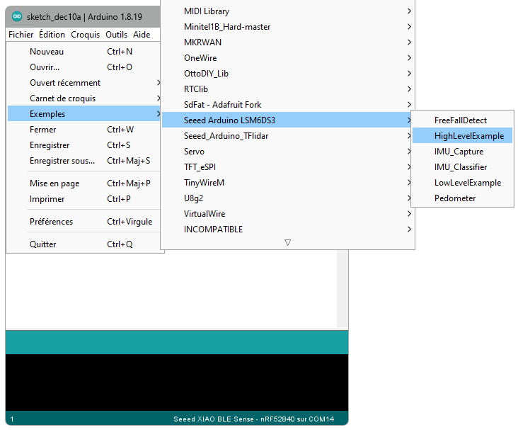 Ouverture du fichier d'exemple de la bibliothèque LSM6DS3