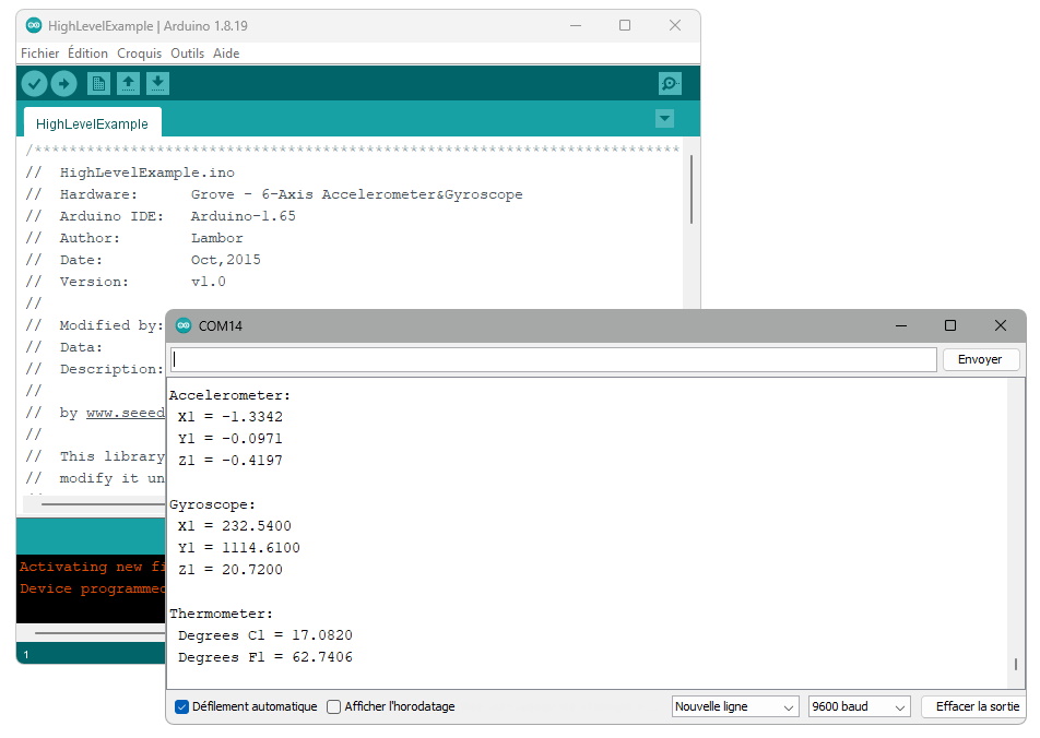 Test de l'accéléromètre, du gyroscope et du capteur de temperature