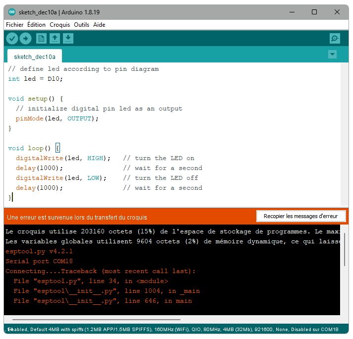 Message d'erreur dans l'IDE Arduino
