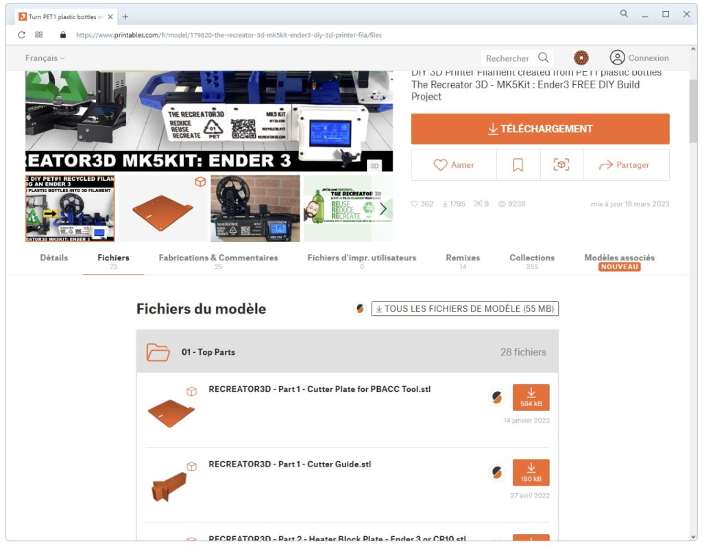 Téléchargement des pièces imprimées en 3D