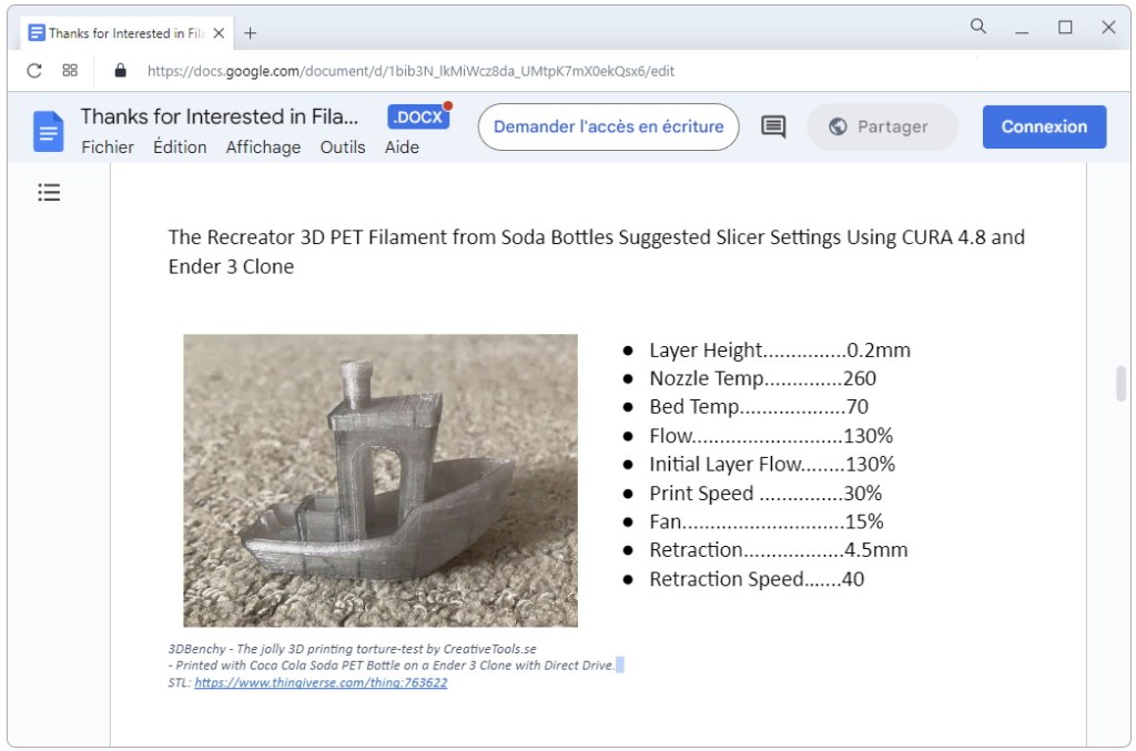 Paramètres d'impression du PET