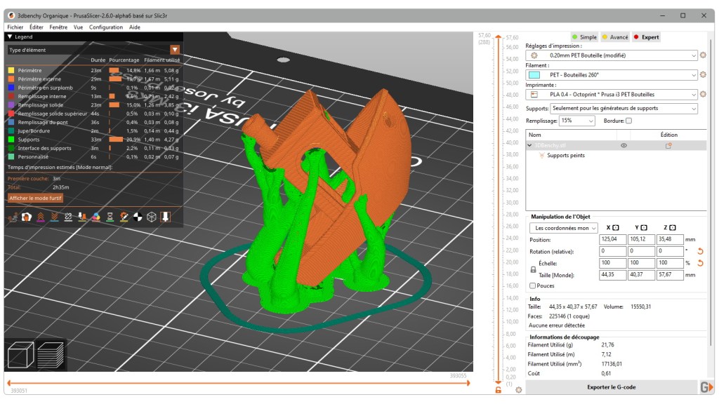Benchy vertical avec supports organiques