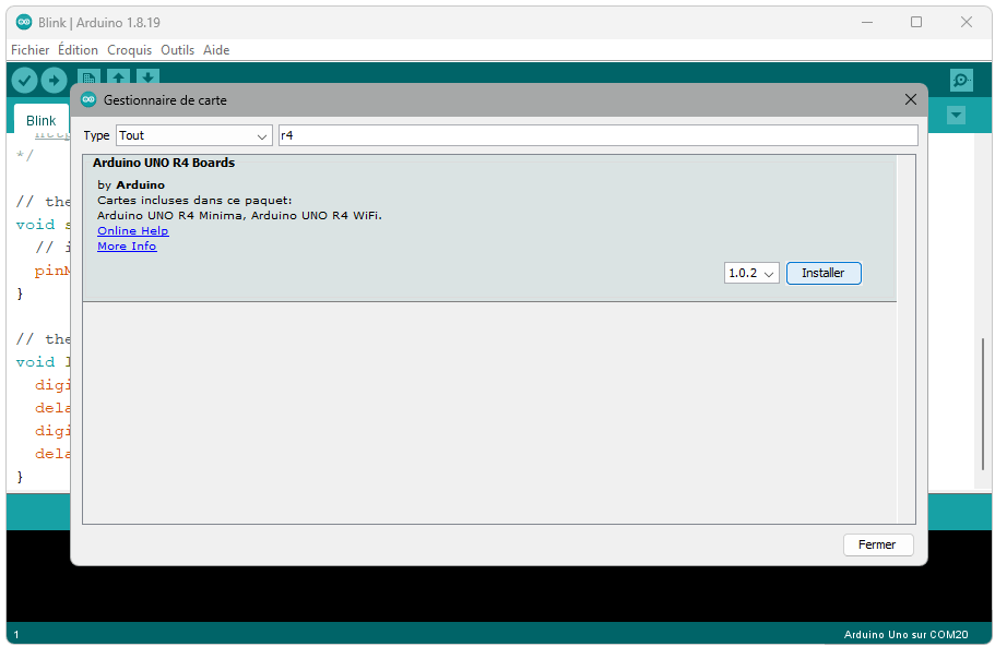 Installation des cartes Arduino Uno R4 dans l'IDE Arduino 1.8
