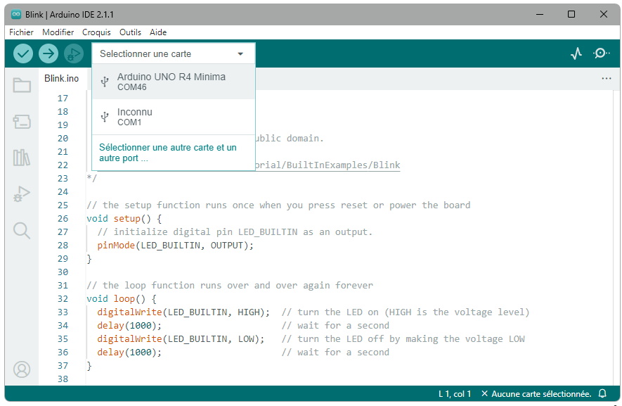 Sélection de la carte Arduino Uno R4 Minima et du port COM