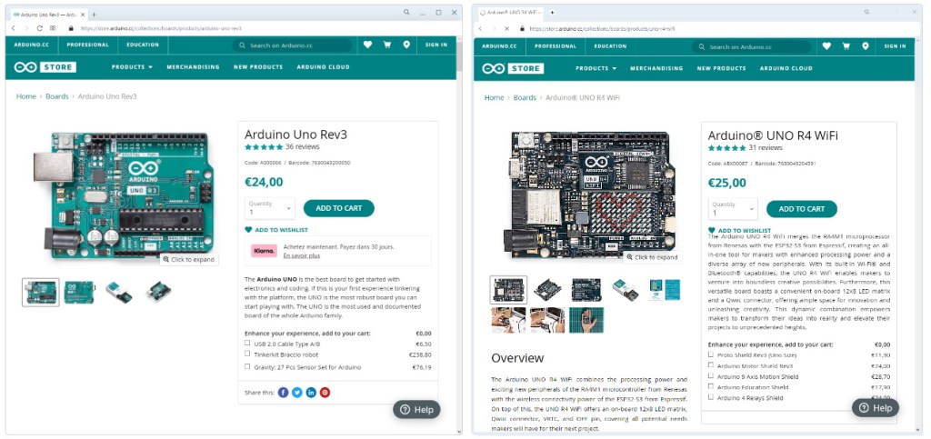 L'Arduino Uno R3 et l'Arduino Uno R4 WiFi en vente sur la boutique de la fondation Arduino (été 2023)