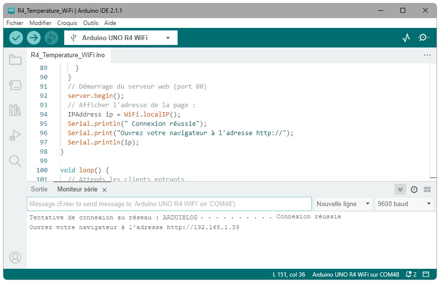 Affichage de l'adresse IP dans le moniteur série