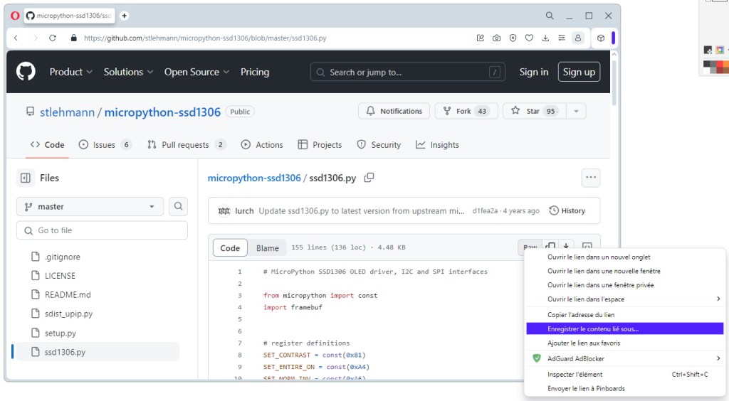 Téléchargement de la bibliothèque "ssd1306.py"