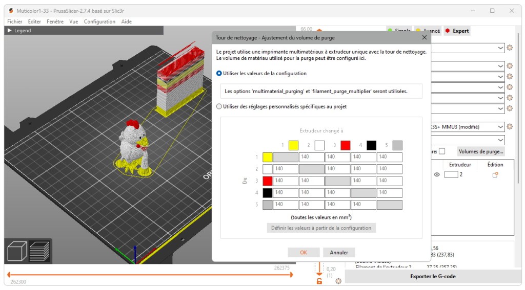 Volumes de purge par défaut