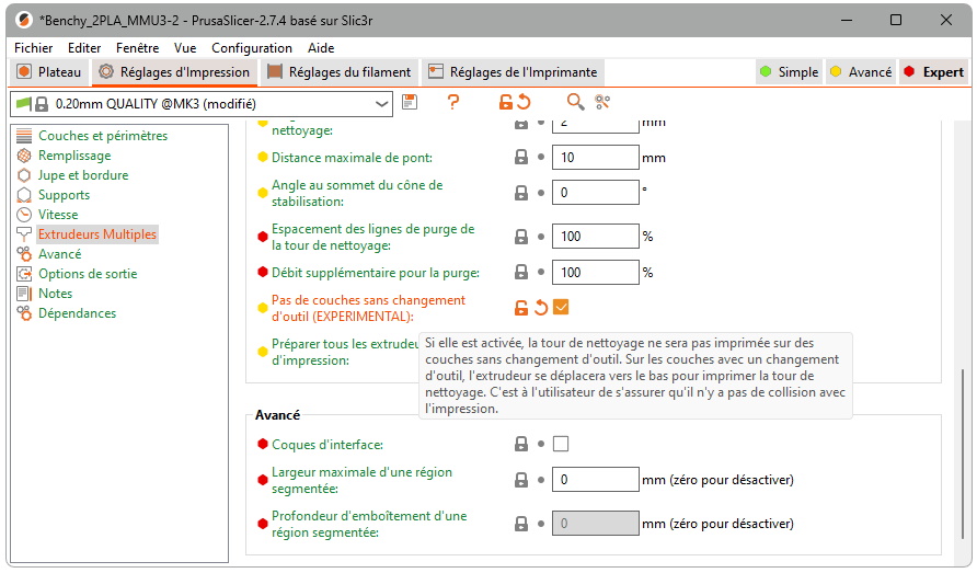l'option expérimentale "Pas de couches sans changement d'outil"