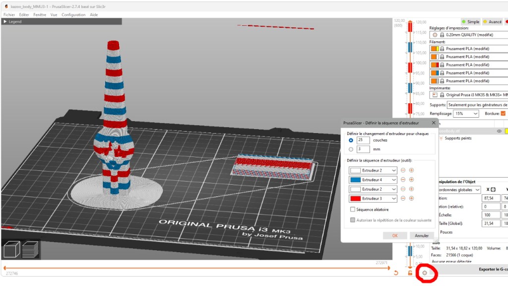 Faire des rayures en changeant automatiquement d'extrudeur à certaines couches