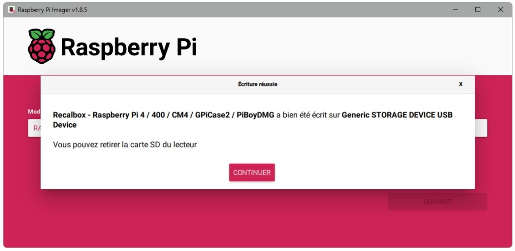 La copie de l'image sur la carte SD est terminée