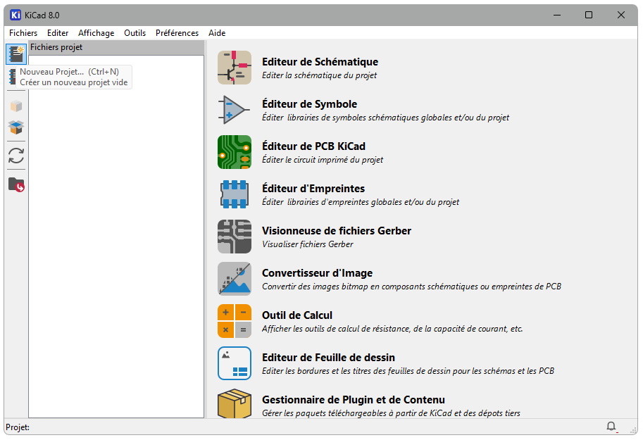 Ecran d'accueil de KiCad