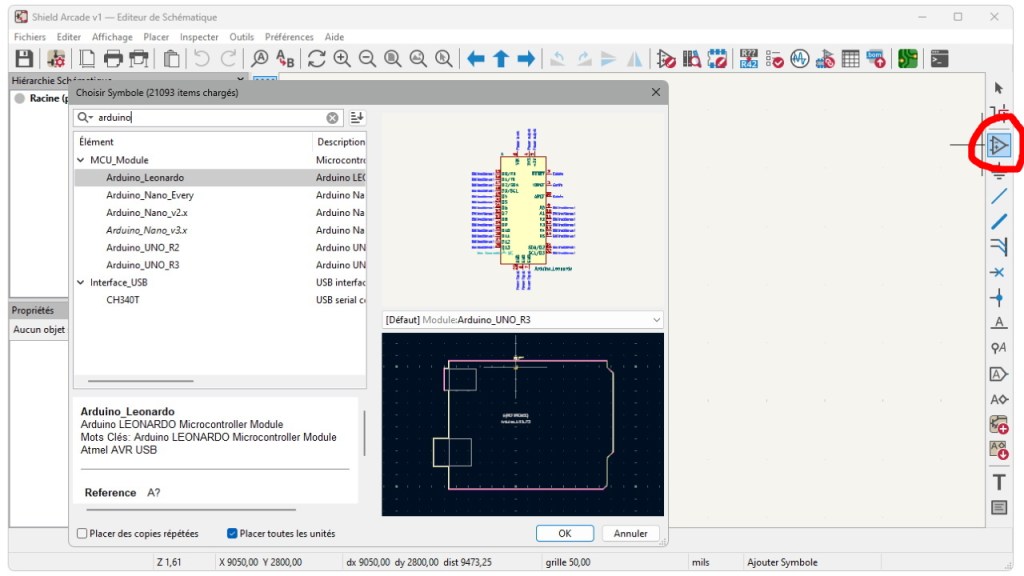Ajout des composants dans l'éditeur de schématique de KiCAD