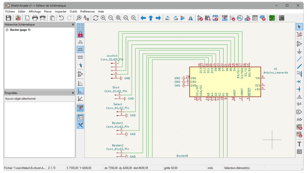 Réalisation du schéma de branchement dans l'éditeur de schématique de KiCAD