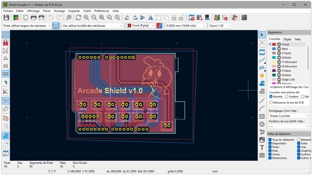 La carte Arcade Shield v1.0 dessinée avec KiCad