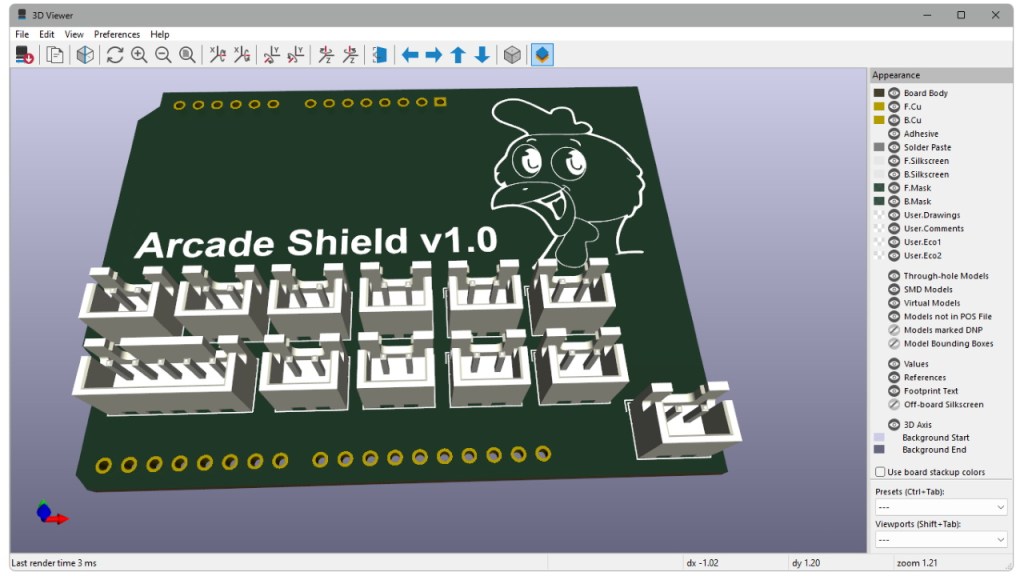 Visu 3D de la carte Arcade Shield v1.0