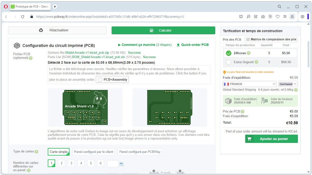 Commande de la carte sur le site de PCBWay