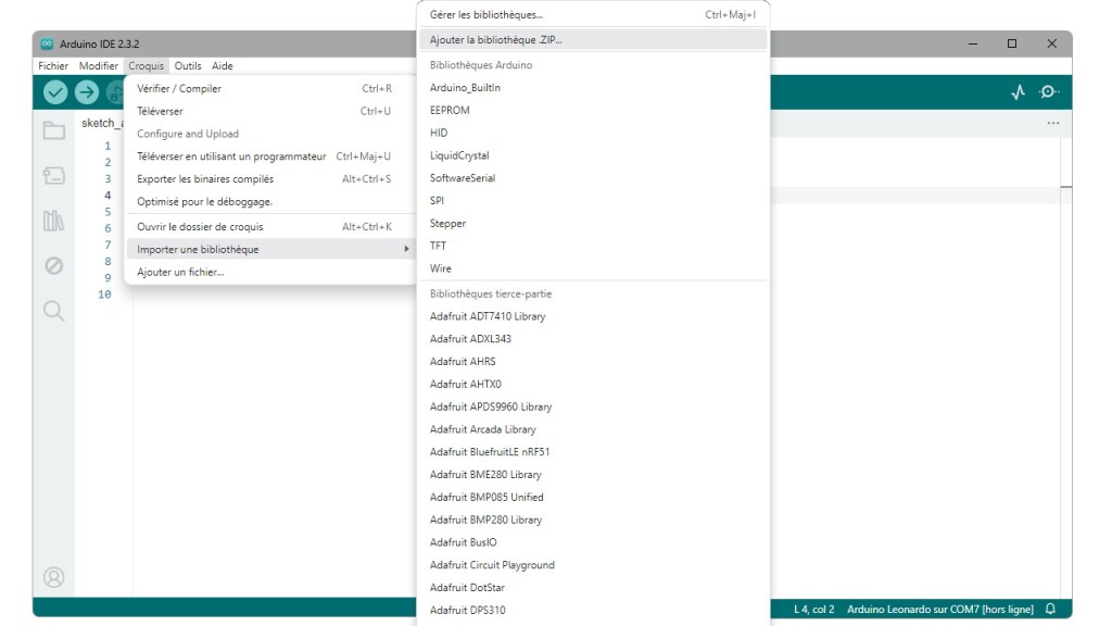 Installation d'une bibliothèque au format ZIP dans l'IDE Arduino
