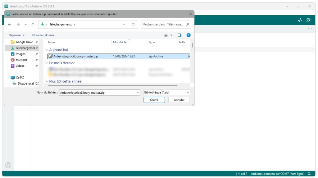 Sélection de la bibliothèque Joystick dans l'IDE Arduino