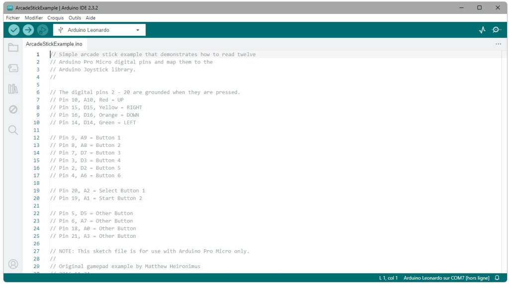 Le fichier d'exemple ArcadeStickExample de la bibliothèque Joystick