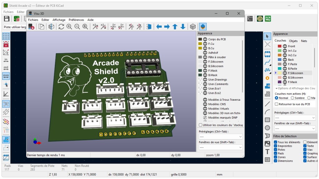L'aperçu 3D de la carte Arcade Shield V2