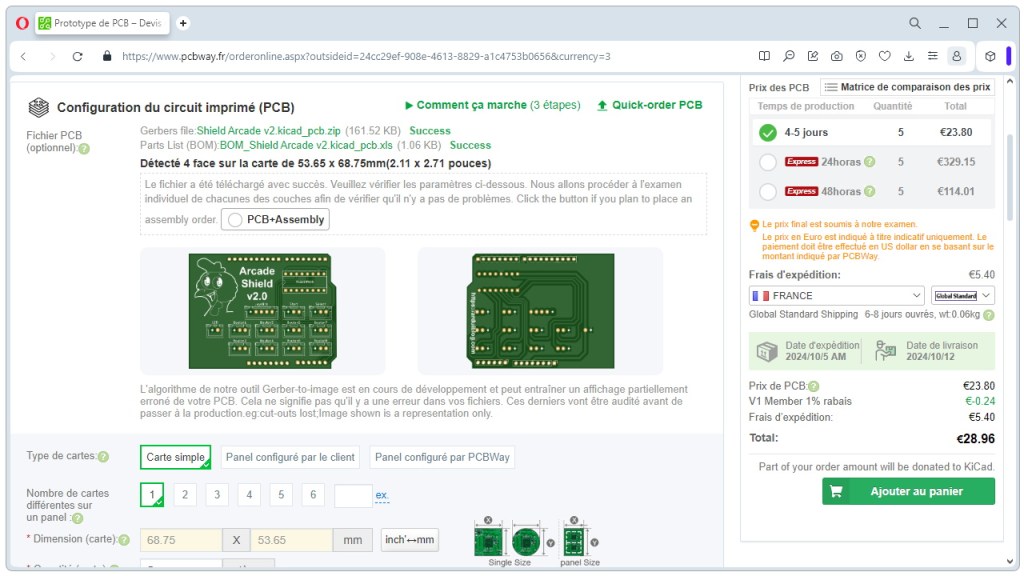 Commande du PCB sur le site PCBWay