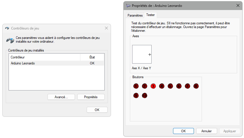 Test de la manette et des boutons (il y a un problème)