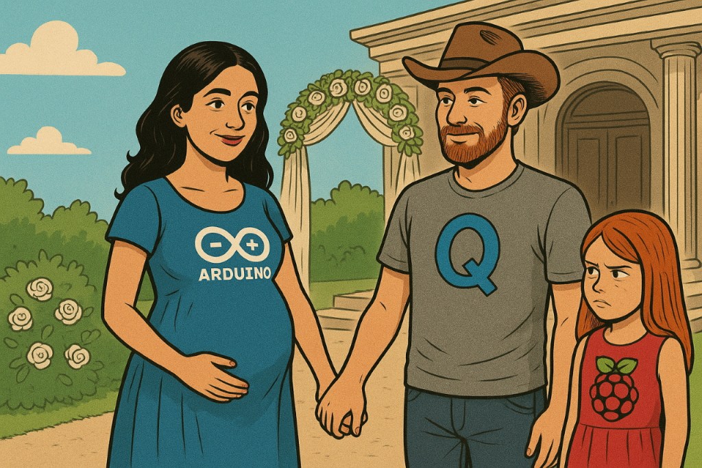 Image style bande dessinée générée par IA avec une femme enceinte italienne avec une robe bleue avec le logo de l'Arduino qui tient par la main un américain avec un chapeau de cowboy et un teeshirt avec la lettre Q en bleu avec en arrière plan un décor qui montre qu'ils viennent de se marier avec une jeune fille rousse qui porte une robe rouge avec le logo Raspberry Pi qui les regarde avec un peu de jalousie