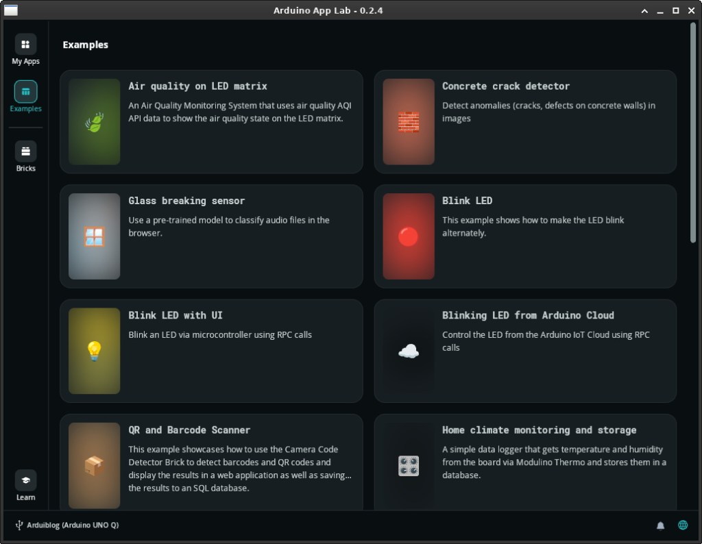 Écran d’accueil de l'Arduino App Lab