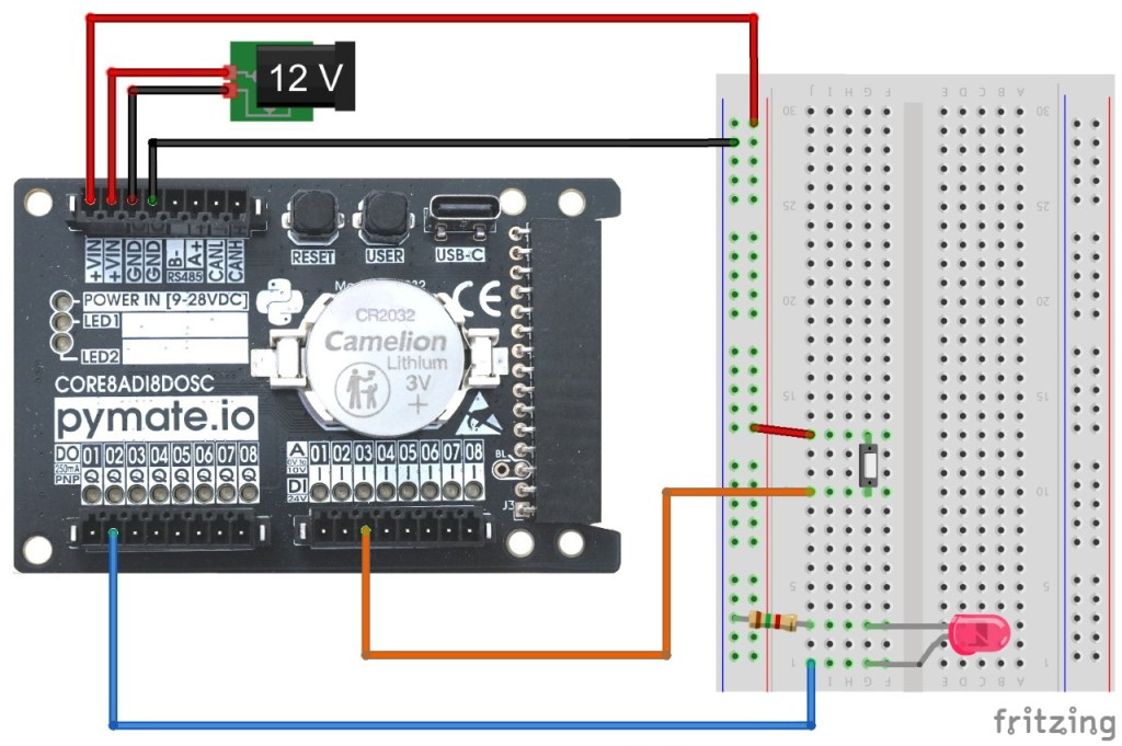 Branchement d'une LED externe et d'un bouton poussoir sur la PyMate