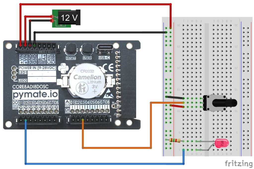 Branchement d'une LED externe et d'un potentiomètre sur la PyMate