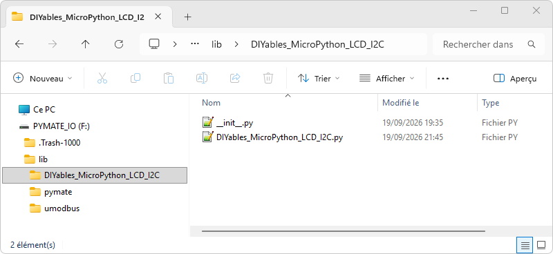 Installation de la bibliothèque DIYables_MicroPython_LCD_I2 dans la PyMate
