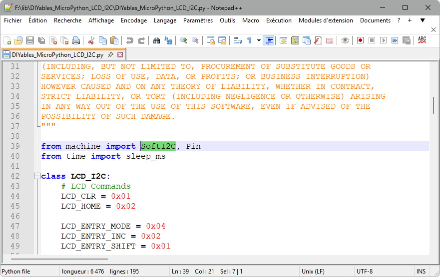 Modification de la bibliothèque DIYables_MicroPython_LCD_I2